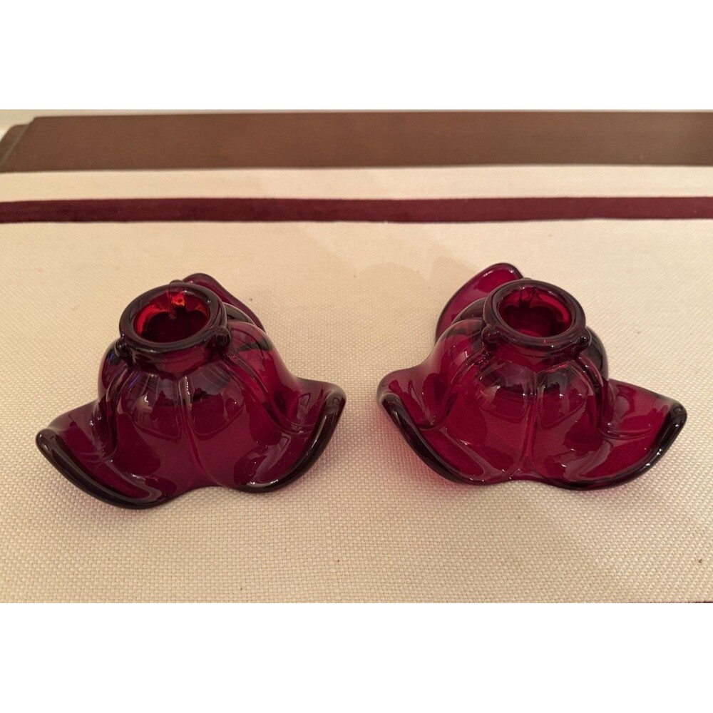 Vintage 1930s Ruby Red Duncan Miller Glass #71 American Leaf Candleholder Set